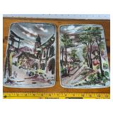 Pair of Hand-Painted Ceramic Trays with Scenic Designs