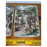 Pair of Hand-Painted Ceramic Trays with Scenic Designs