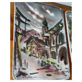 Pair of Hand-Painted Ceramic Trays with Scenic Designs