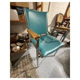 Vintage Teal Chair with Chrome Legs and Wooden Armrests
