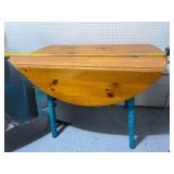 Vintage Drop-Leaf Table with Rustic Finish and Measuring Tape