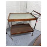 Vintage MCM Rolling Bar Cart with Glass Top and Wood Shelving