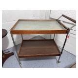 Vintage MCM Rolling Bar Cart with Glass Top and Wood Shelving