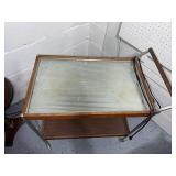 Vintage MCM Rolling Bar Cart with Glass Top and Wood Shelving