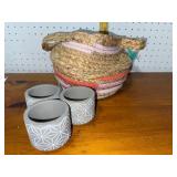 Handcrafted Straw Basket with 3 Geometric Ceramic Planters
