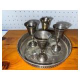 Vintage Metal Goblet Set with Serving Tray - 4 Goblets