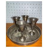 Vintage Metal Goblet Set with Serving Tray - 4 Goblets