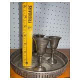 Vintage Metal Goblet Set with Serving Tray - 4 Goblets
