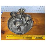 Vintage Metal Goblet Set with Serving Tray - 4 Goblets