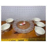Ivory Ceramic Cups with Embossed Design & Floral Glass Plate Set