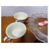Ivory Ceramic Cups with Embossed Design & Floral Glass Plate Set