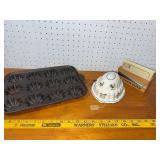 Vintage Cast Iron Baking Mold, Ceramic Bowl & Wooden Recipe Card Holder