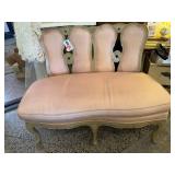 Vintage Vanity Bench with Pink Upholstery and Carved Wood - Used in the documentary for the Ruby Red Slippers!