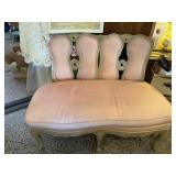 Vintage Vanity Bench with Pink Upholstery and Carved Wood - Used in the documentary for the Ruby Red Slippers!