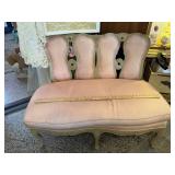 Vintage Vanity Bench with Pink Upholstery and Carved Wood - Used in the documentary for the Ruby Red Slippers!