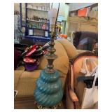 Vintage Teal Twisted Glass Table Lamp with Ornate Metal Base