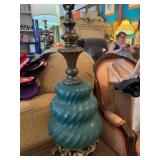 Vintage Teal Twisted Glass Table Lamp with Ornate Metal Base