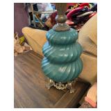 Vintage Teal Twisted Glass Table Lamp with Ornate Metal Base