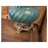 Vintage Teal Twisted Glass Table Lamp with Ornate Metal Base
