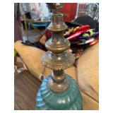 Vintage Teal Twisted Glass Table Lamp with Ornate Metal Base