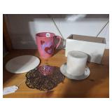 Decorative Pink Heart Mug, Amethyst Scented Candle, and Assorted Home Decor Items