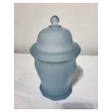 Frosted Blue Glass Lidded Candy Jar, 8 Inch