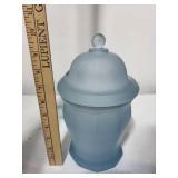 Frosted Blue Glass Lidded Candy Jar, 8 Inch