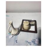 Decorative Pottery Jug, Lidded Jar, Metal Dishes, and Floral Tile Trivet Set