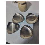 Decorative Pottery Jug, Lidded Jar, Metal Dishes, and Floral Tile Trivet Set