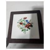 Decorative Pottery Jug, Lidded Jar, Metal Dishes, and Floral Tile Trivet Set