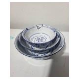 Set of 3 Blue and White Porcelain Bowls with Floral Design