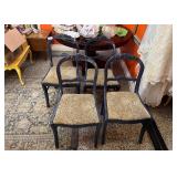 Set of Four Blue Painted Carved Wood Chairs with Fabric Seat Covers