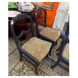 Set of Four Blue Painted Carved Wood Chairs with Fabric Seat Covers