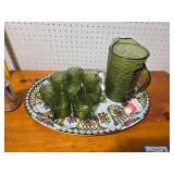 Vintage Green Glass Pitcher and 8 Cup Set with Floral Tray