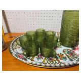 Vintage Green Glass Pitcher and 8 Cup Set with Floral Tray