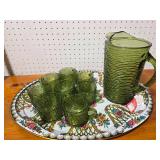 Vintage Green Glass Pitcher and 8 Cup Set with Floral Tray