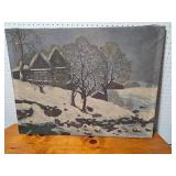 Winter Landscape Painting with Snowy Trees and House