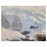 Winter Landscape Painting with Snowy Trees and House