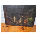 Vintage Still Life Painting with Fruit and Metallic Objects