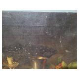 Vintage Still Life Painting with Fruit and Metallic Objects