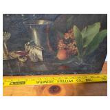 Vintage Still Life Painting with Fruit and Metallic Objects