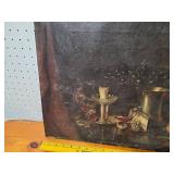 Vintage Still Life Painting with Fruit and Metallic Objects