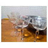 Vintage Etched Glass Stemware & Metal Serving Bowl Collection