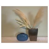 Lot of 2 Decorative Vases - Blue Ceramic and Tall Metal Vase with Dried Floral Stems