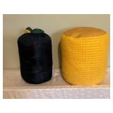 Yellow Fabric Ottoman and Green Sleeping Bag with Stuff Sack