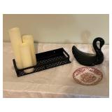 Home Decor Collection with Black Swan Figurine, Decorative Plate, Candles, and Metal Tray