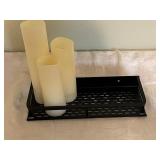 Home Decor Collection with Black Swan Figurine, Decorative Plate, Candles, and Metal Tray