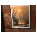 Framed Landscape Art Print with Forest and River Scene