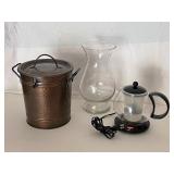 Collection of Kitchen Items Including Hammered Metal Ice Bucket, Glass Vase, and Bodum Electric Teapot