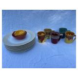 Set of 6 Dinner Plates, 5 Drip Glaze Mugs, and 4 Ceramic Measuring Bowls
